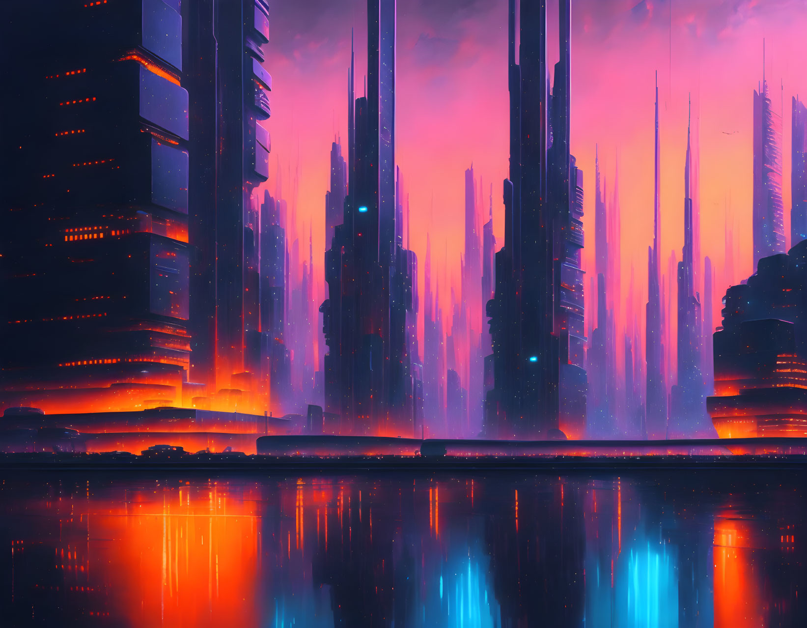 Futuristic cityscape at sunset with neon-lit skyscrapers