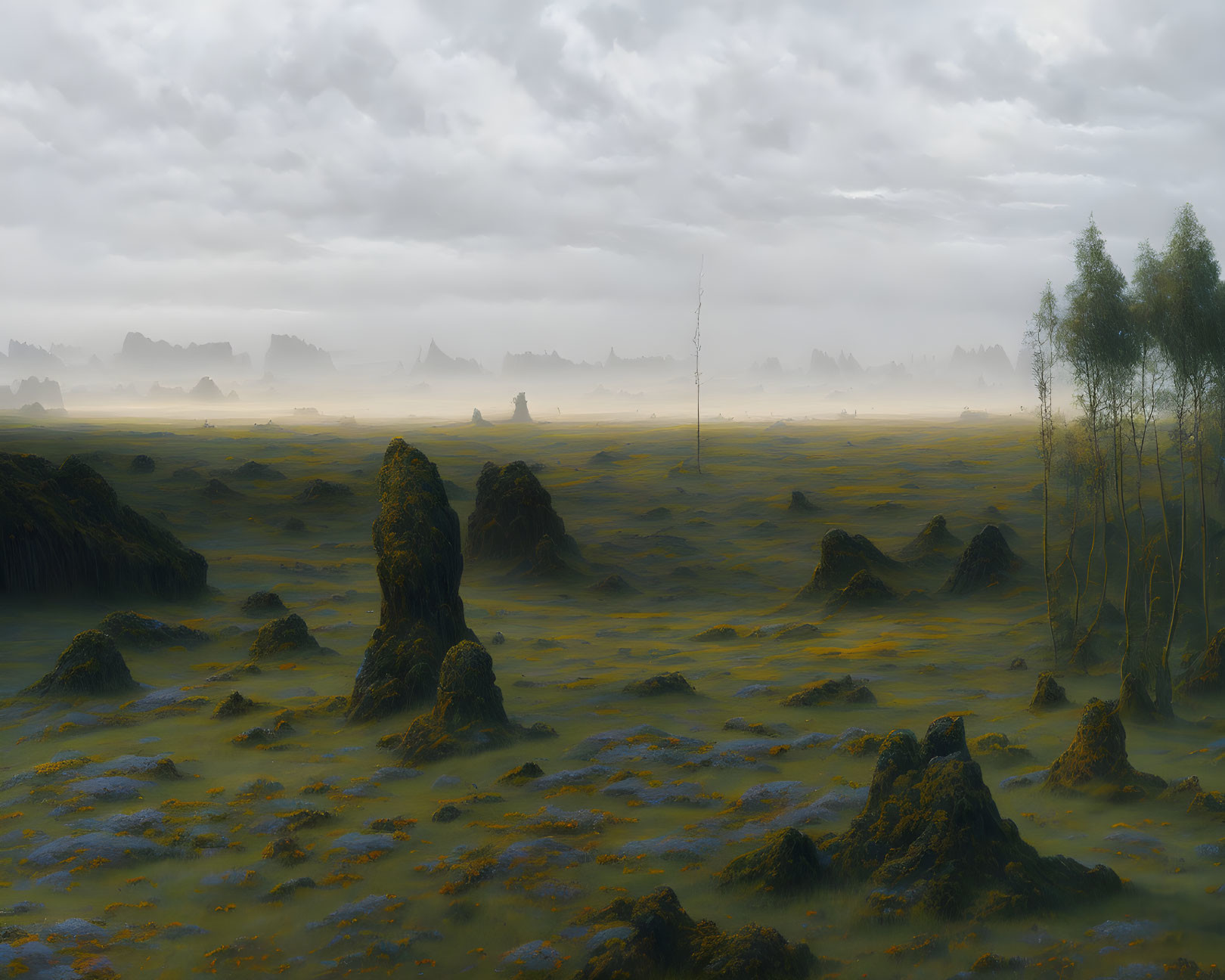 Misty landscape with mossy field, rocks, and slender trees