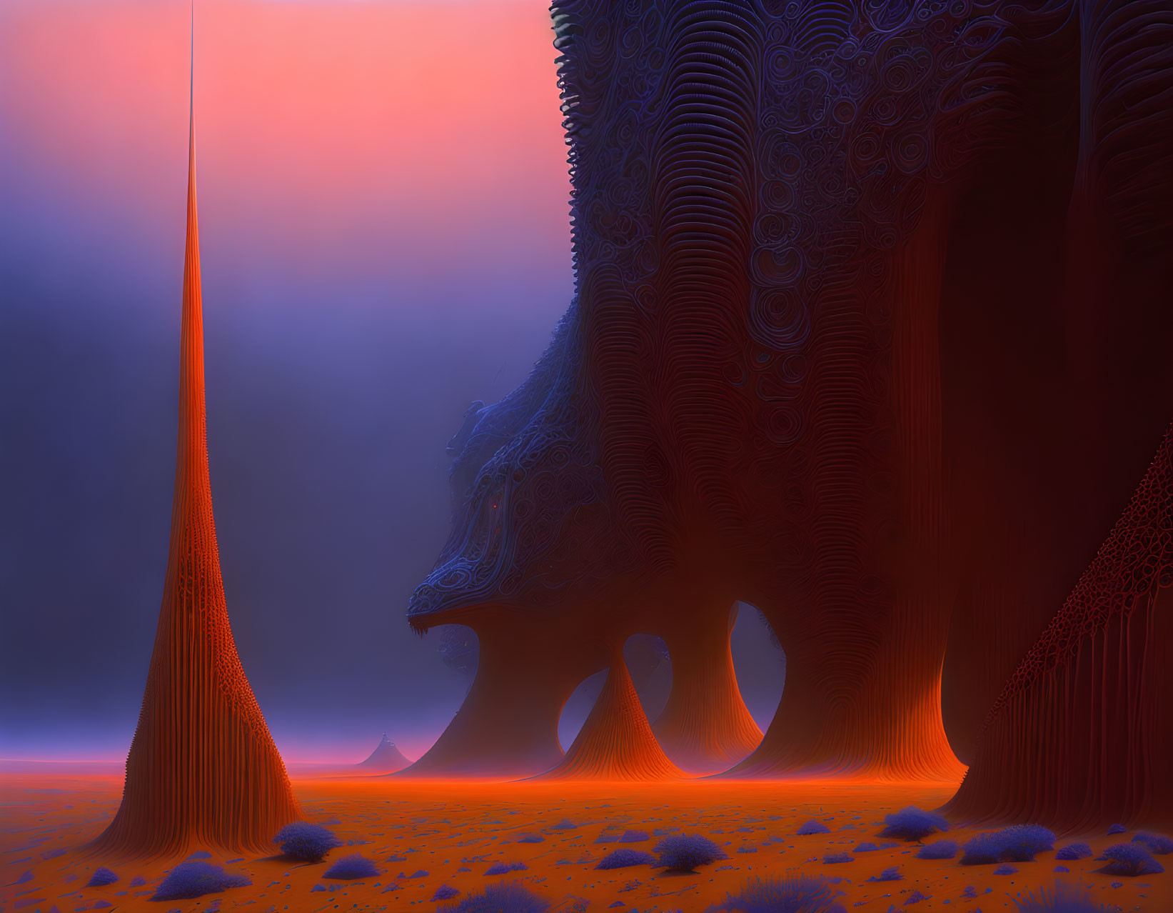 Surreal landscape with towering orange structures and misty blueish-purple atmosphere