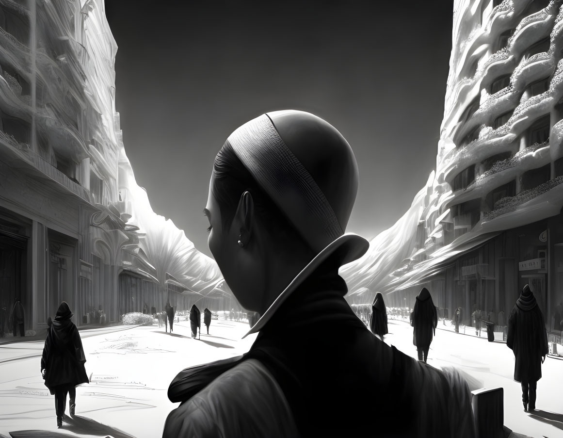 Monochrome image of bald person in suit observing futuristic cityscape