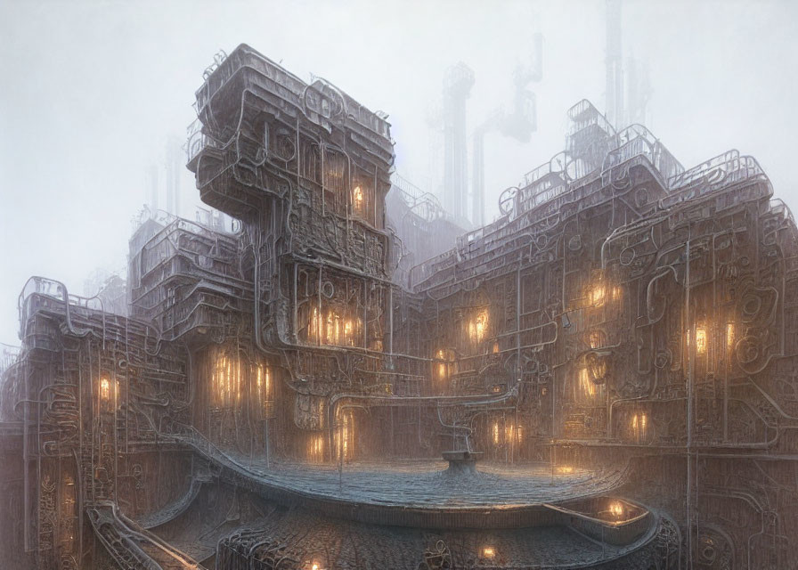 Futuristic industrial complex in mist with lit windows