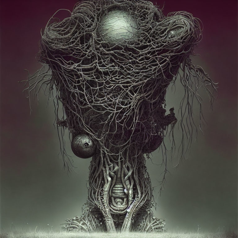 Surreal humanoid tree with tangled branches and face-like structure