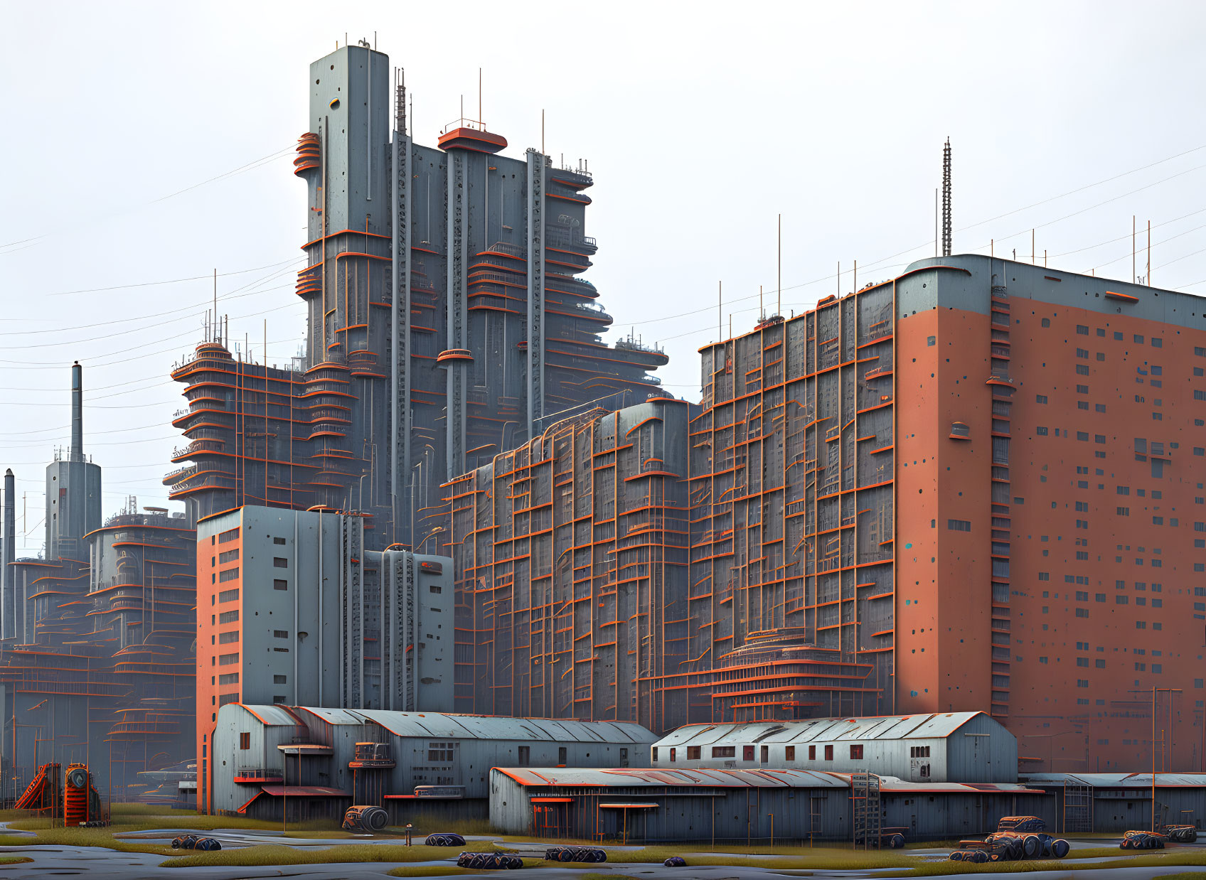 Futuristic industrial complex with towering structures in orange-gray color scheme