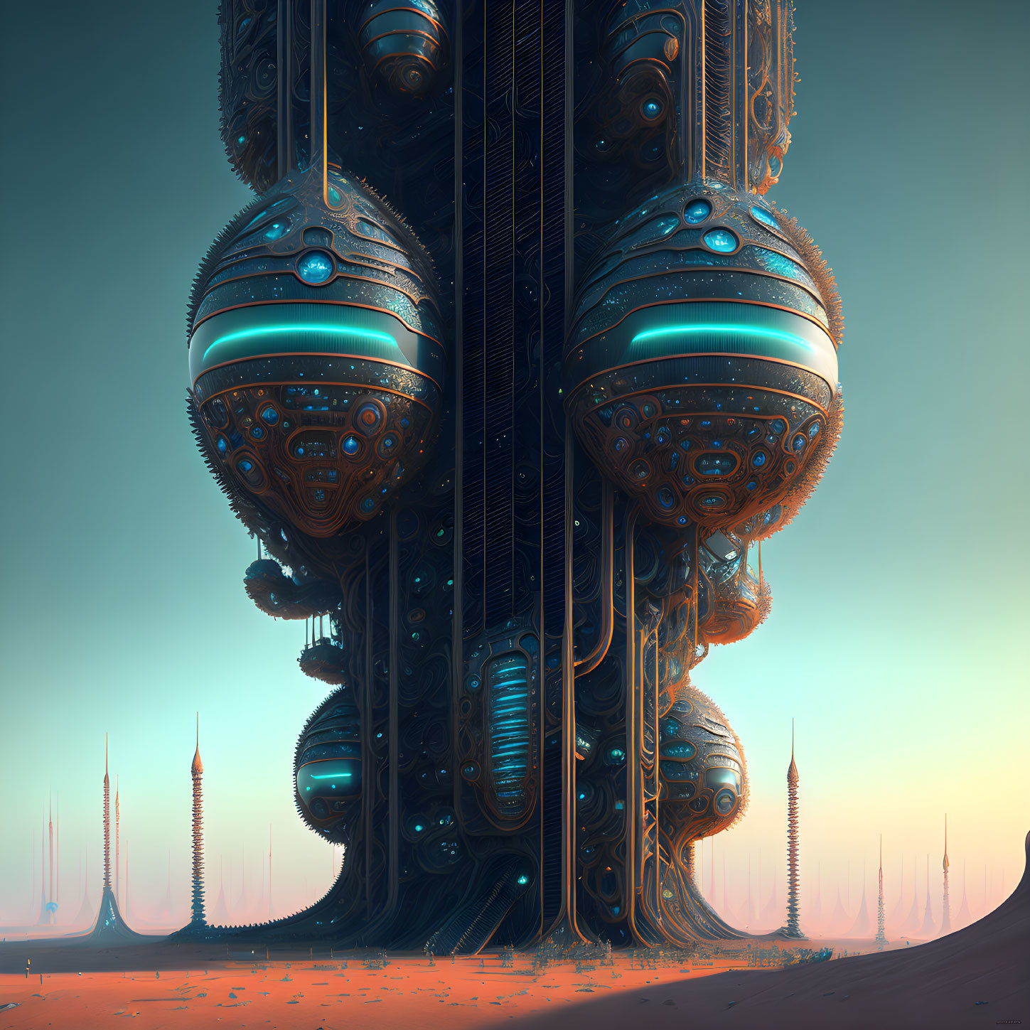 Intricate futuristic tower on alien landscape with spherical components