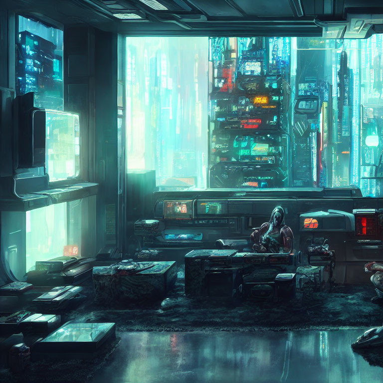 Futuristic desk in dimly lit room with holographic screens and cityscape view.