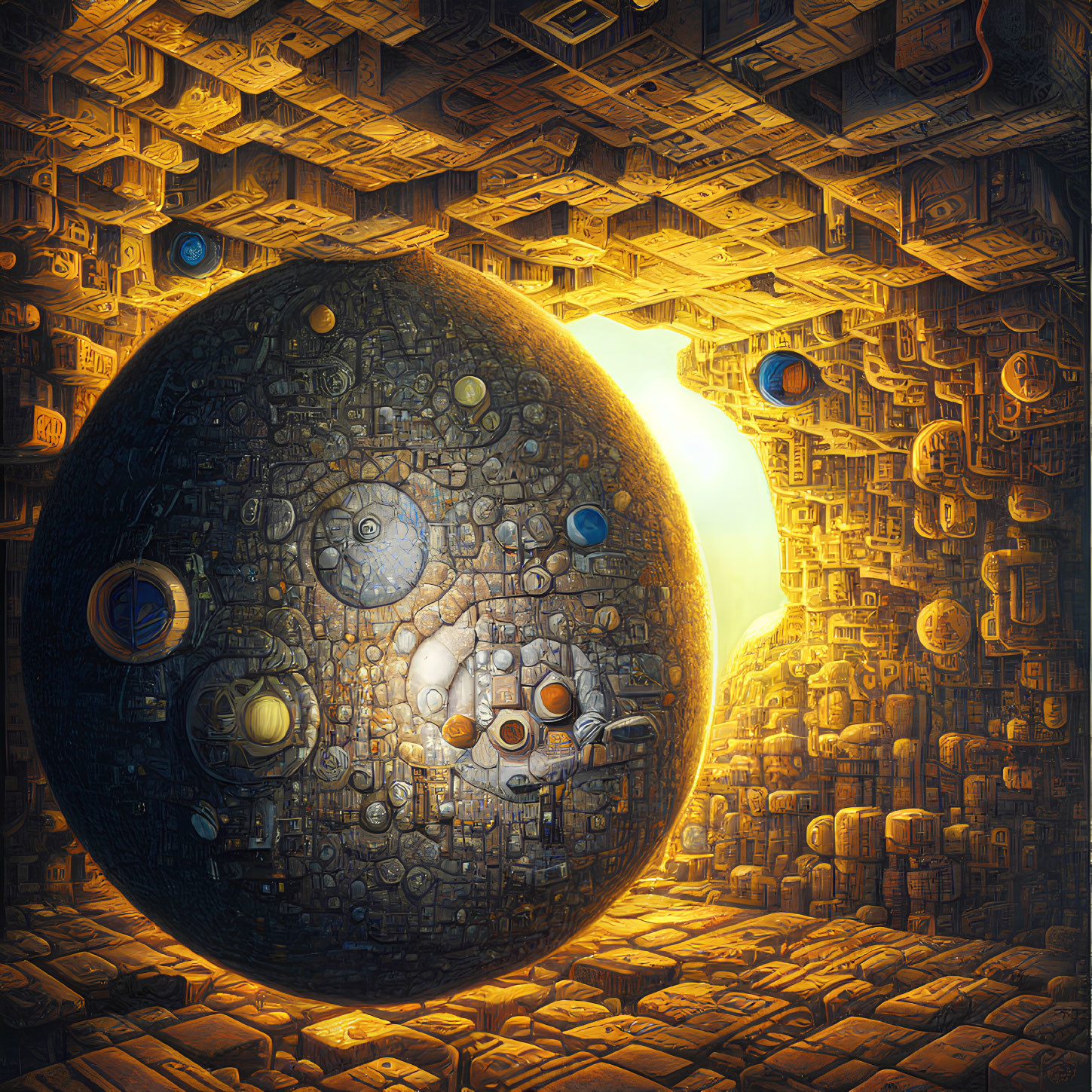 Intricate sphere with mechanical details surrounded by textured blocks in surreal setting