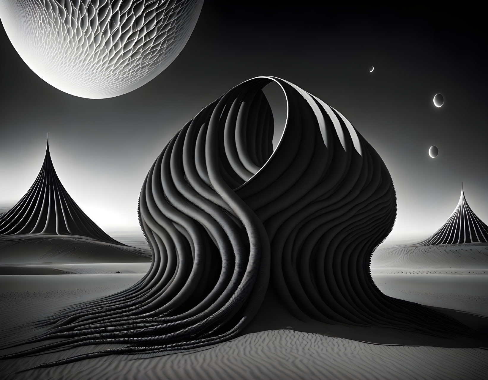 Surreal black and white landscape with layered dunes and celestial bodies