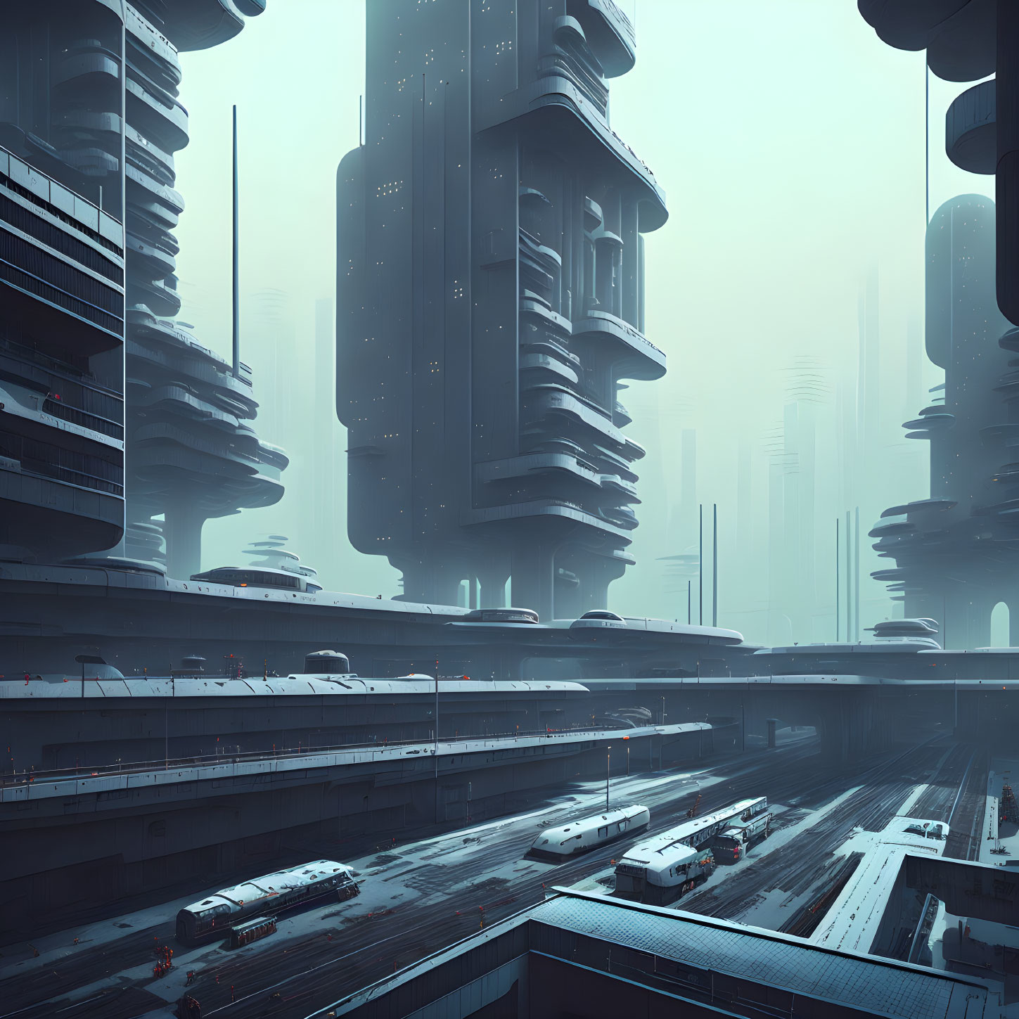 Futuristic cityscape with mist, skyscrapers, highways, and moving vehicles