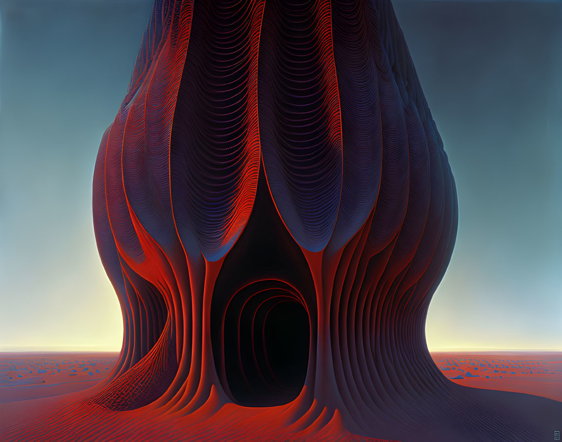 Fractal-like structure with red and blue patterns in barren landscape