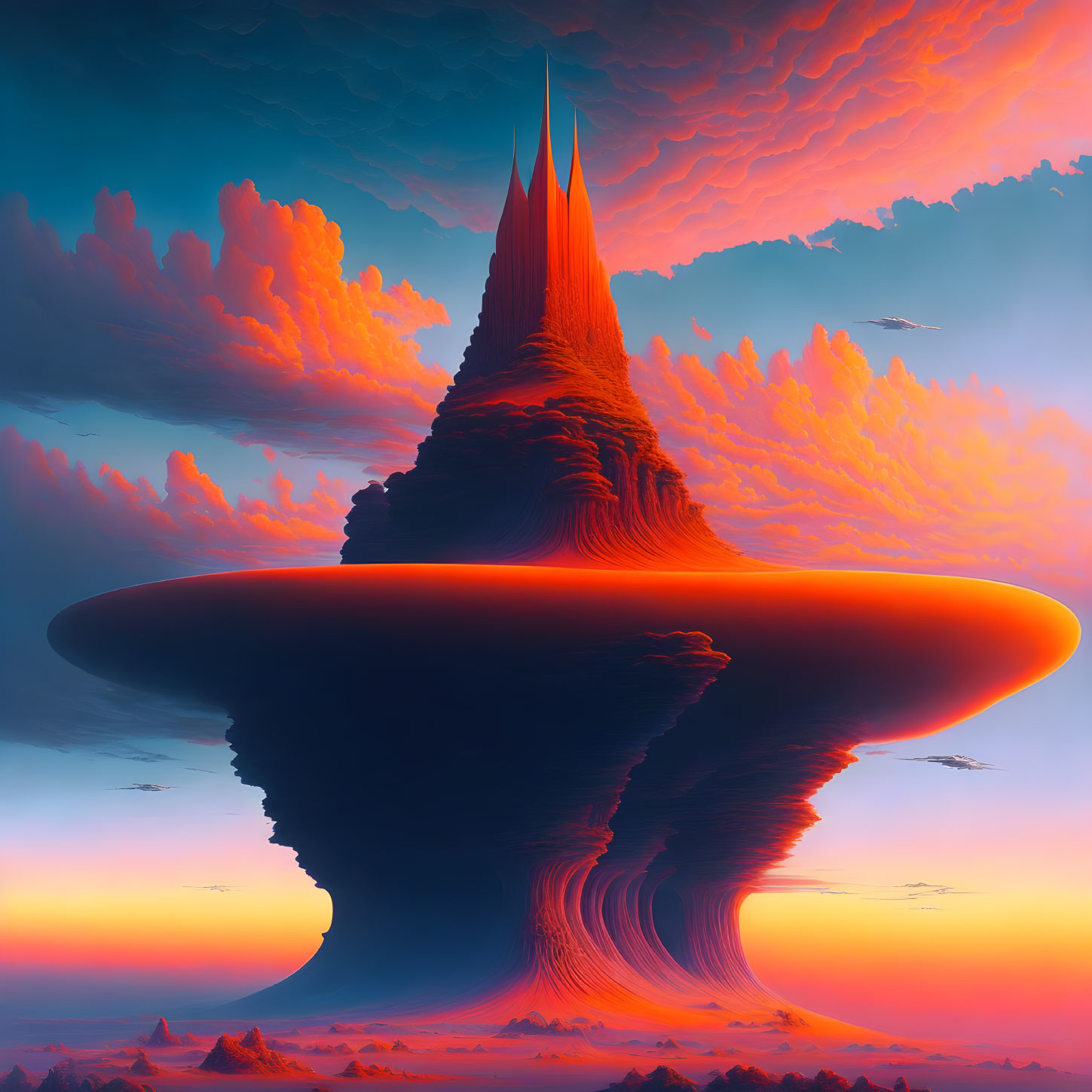 Surreal spire-like structure against vibrant sky with colorful clouds