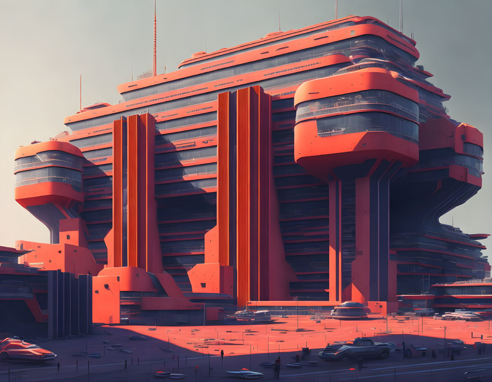 Modern red and orange building with vertical lines and advanced vehicles in a futuristic cityscape.