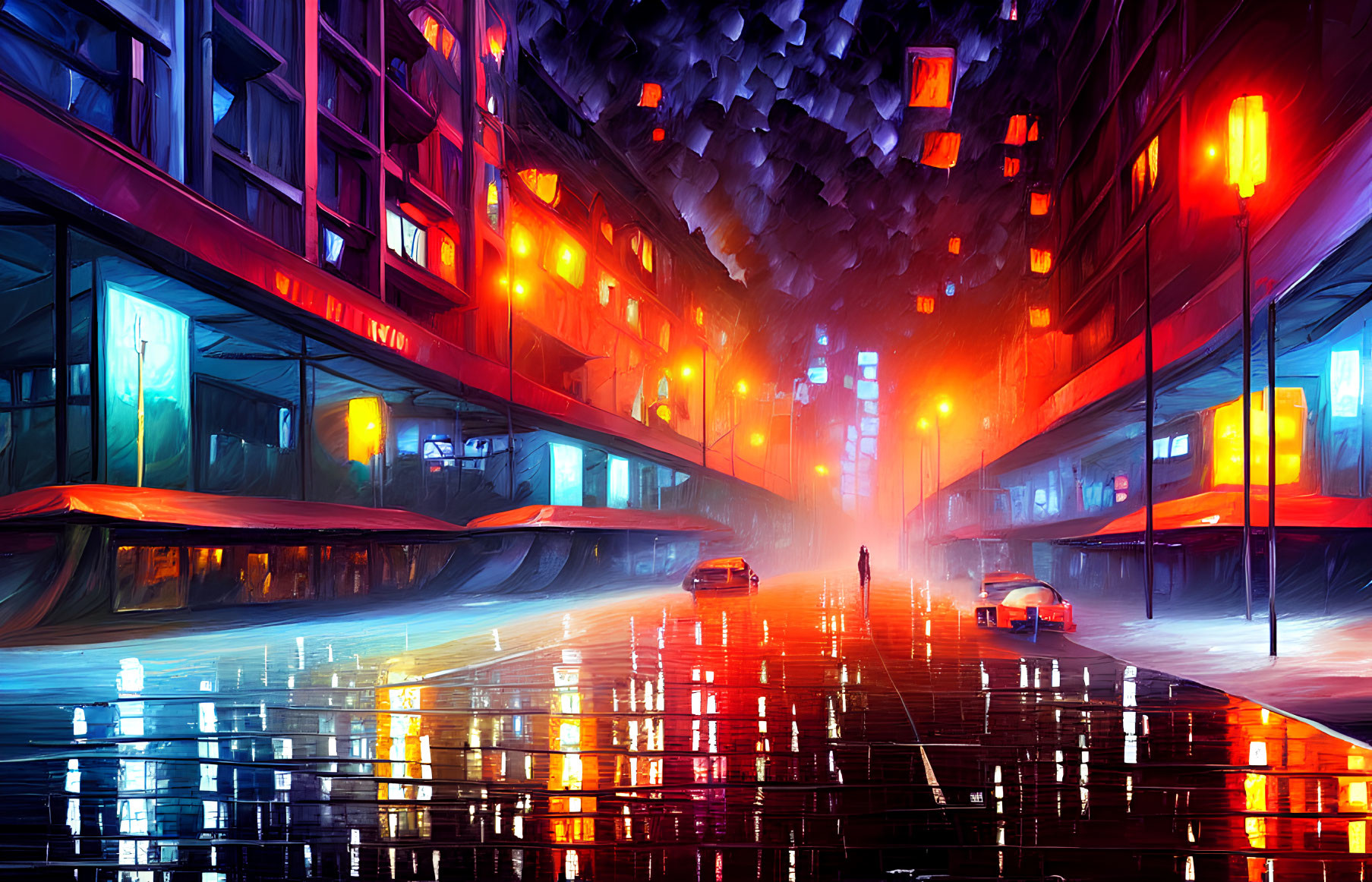 Futuristic cyberpunk cityscape with neon lights, wet streets, silhouetted figure,