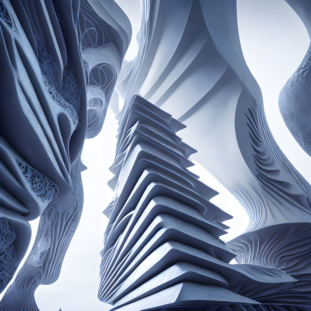 Abstract digital artwork: Fluid shapes, layered elements, intricate patterns in blue tones