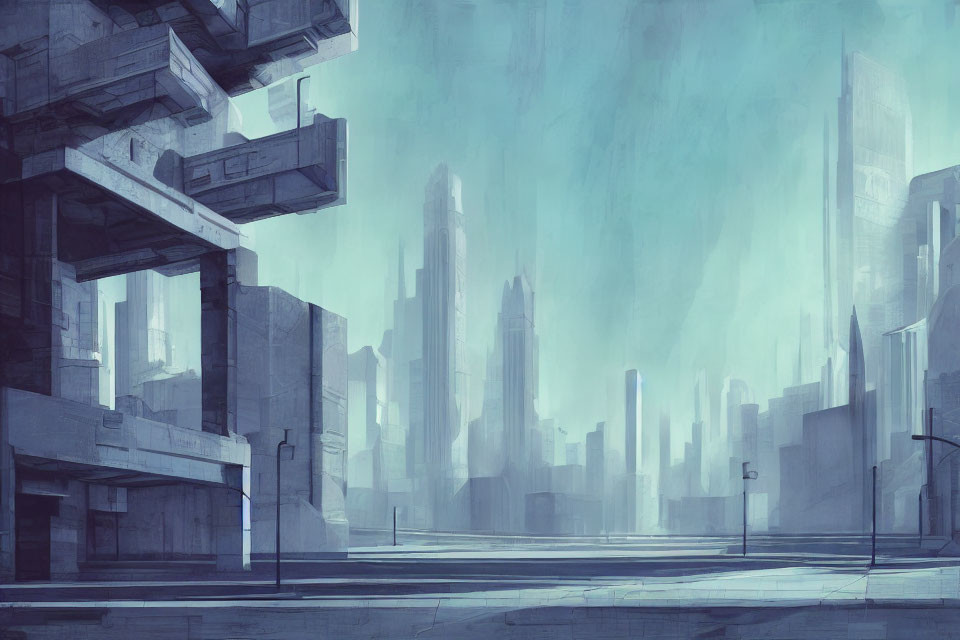 Futuristic cityscape with towering skyscrapers and cool morning haze