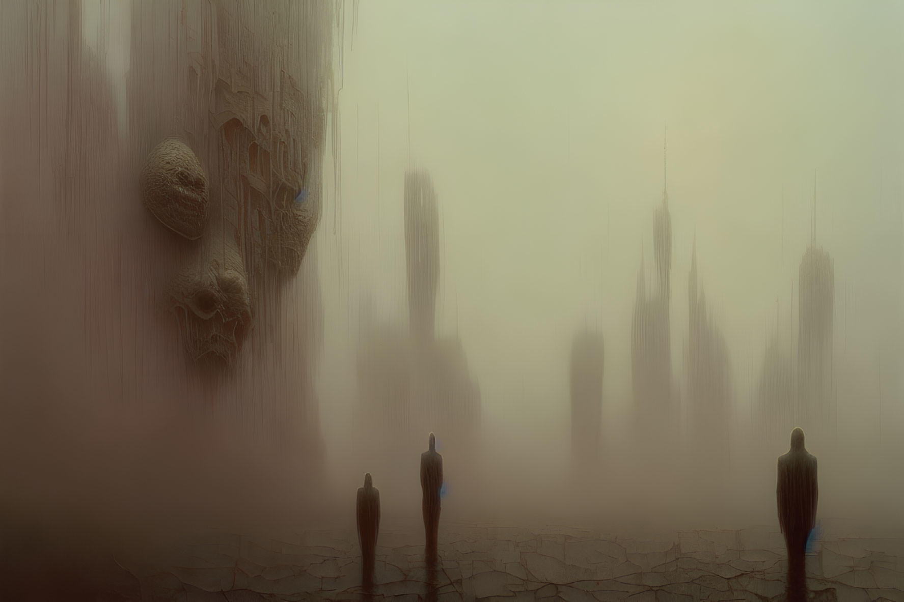 Surreal landscape with hazy atmosphere and silhouettes of people and structures