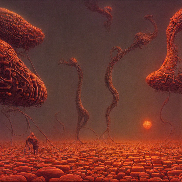 Surreal landscape with brain-shaped structures and red sun