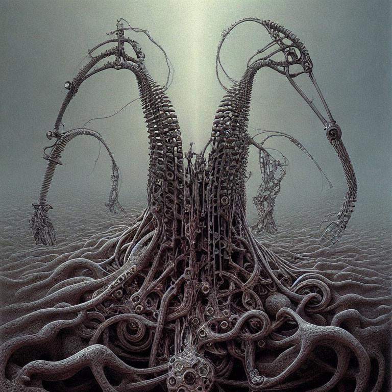 Biomechanical landscape with central spire and tentacle-like structures in surreal, alien ambiance