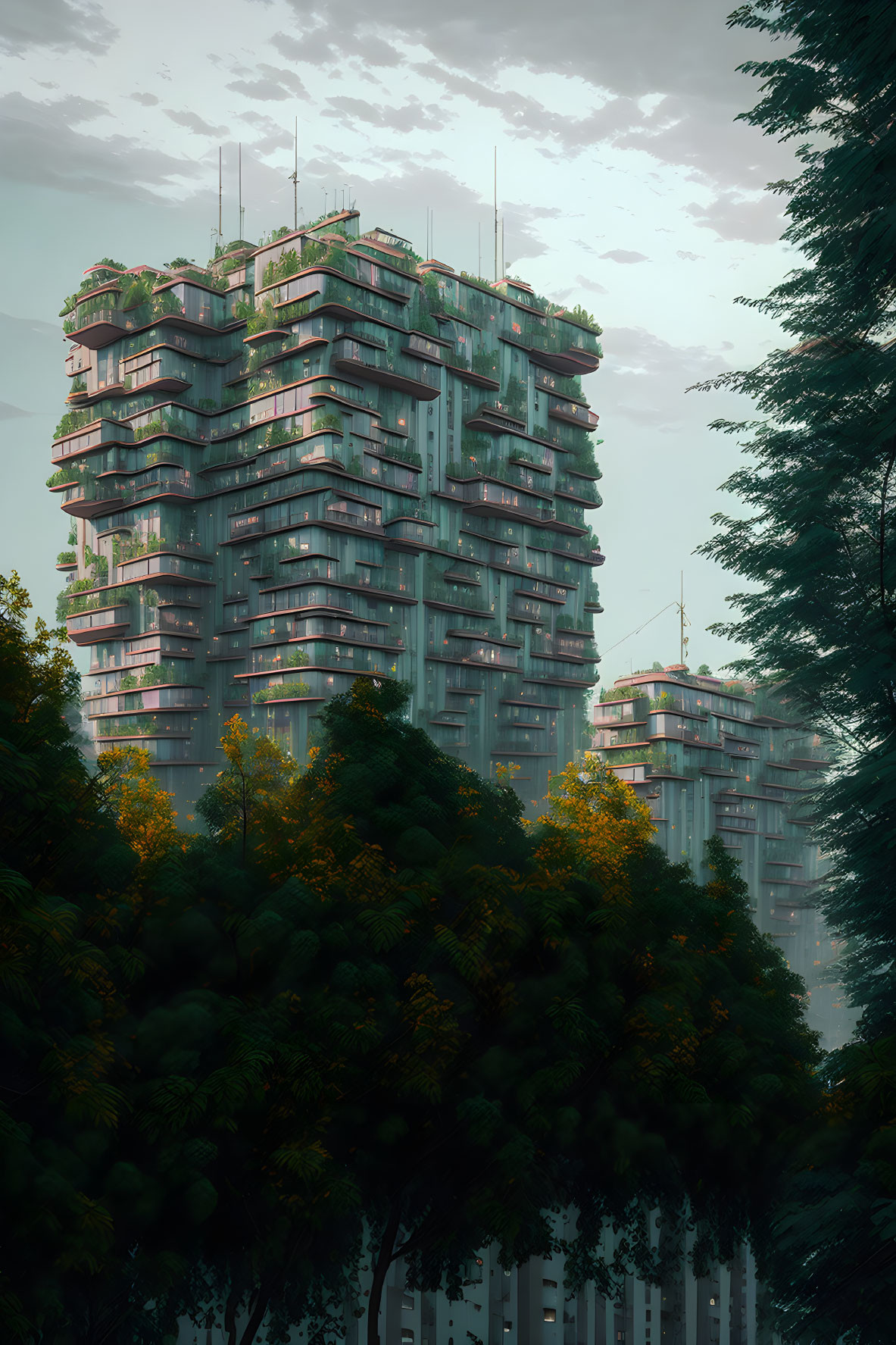 Multi-tiered futuristic buildings with greenery in forest setting