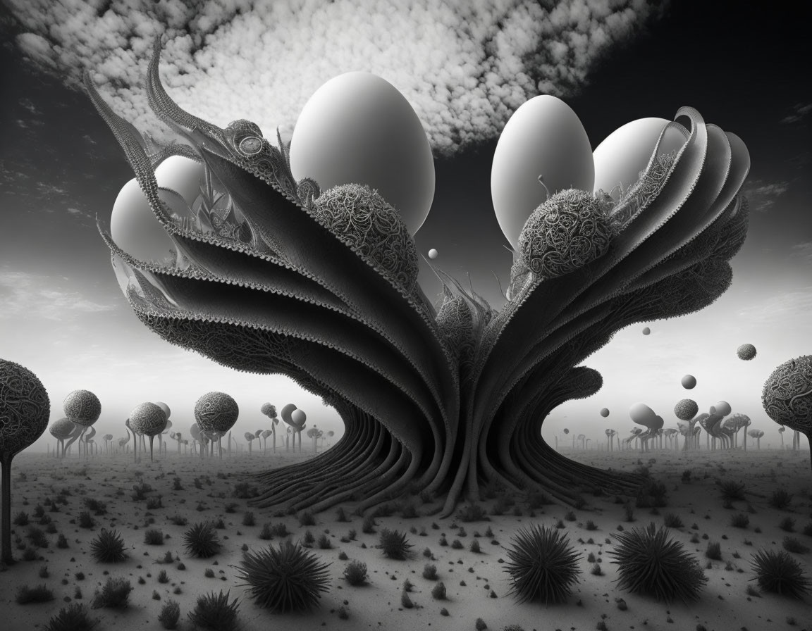 Monochrome surreal landscape with tree-like structure and large spheres