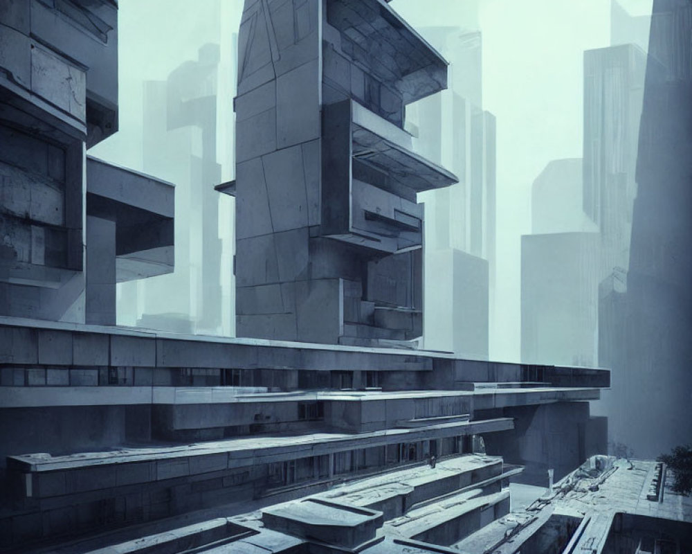 Futuristic cityscape with geometric skyscrapers in misty blue atmosphere