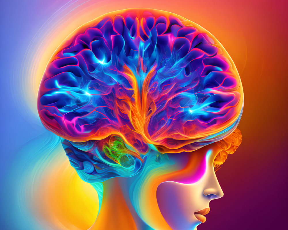 Vibrant Human Profile with Detailed Neon Brain