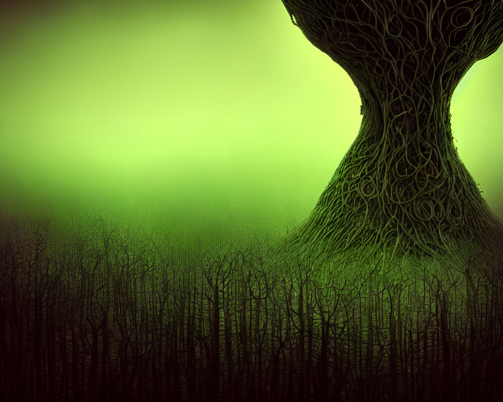 Mystical oversized tree with intricate branches in misty green forest