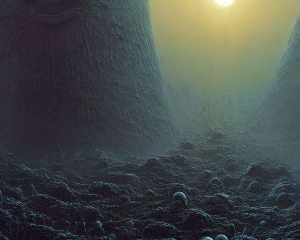 Mysterious landscape with fog, glowing sun, & web-like textures