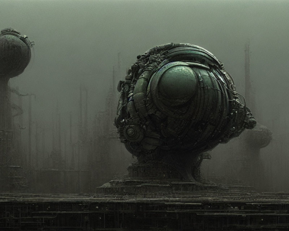 Dystopian landscape with mechanical spheres and skyscrapers in haze