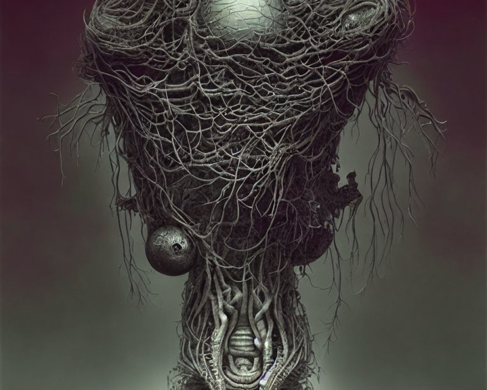 Surreal humanoid tree with tangled branches and face-like structure