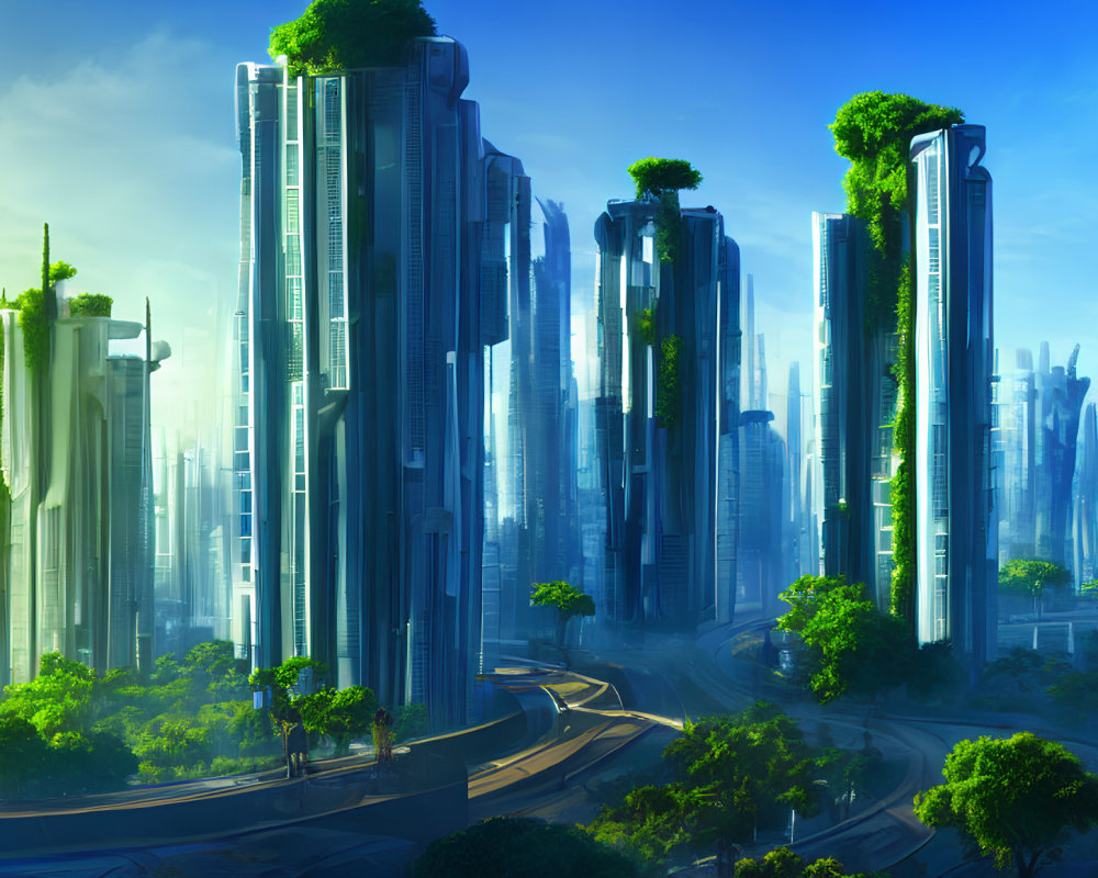 Futuristic cityscape featuring greenery-adorned skyscrapers in soft blue light