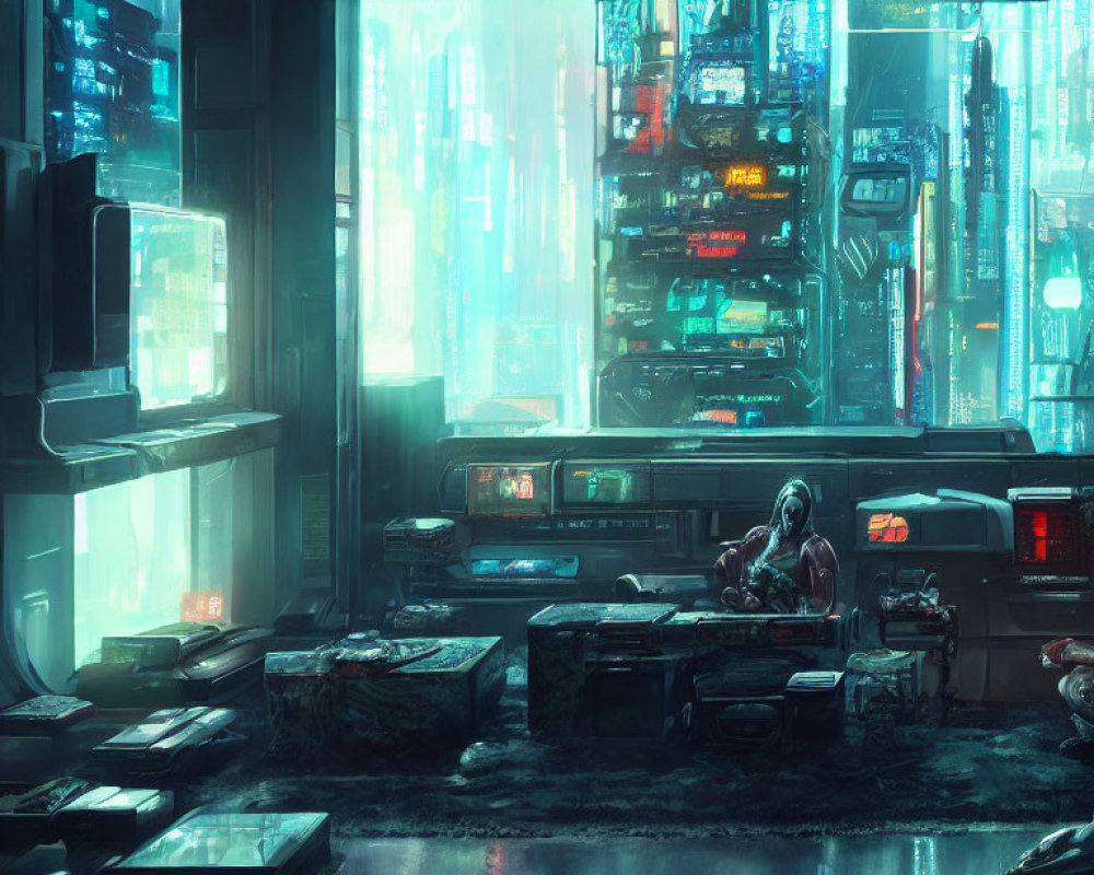 Futuristic desk in dimly lit room with holographic screens and cityscape view.