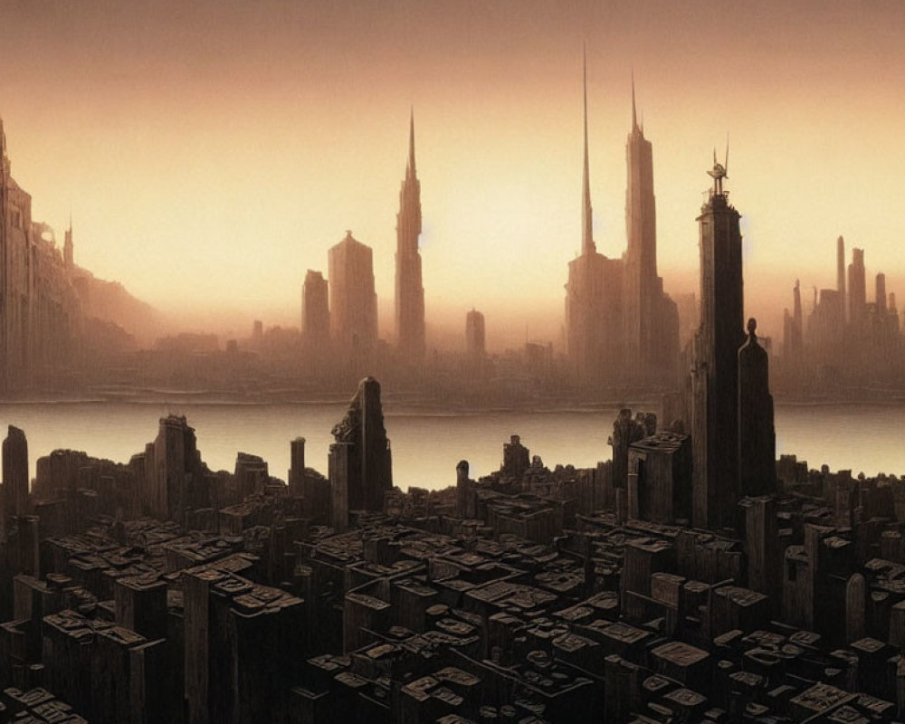 Dystopian cityscape with geometric buildings and skyscrapers at dawn or dusk