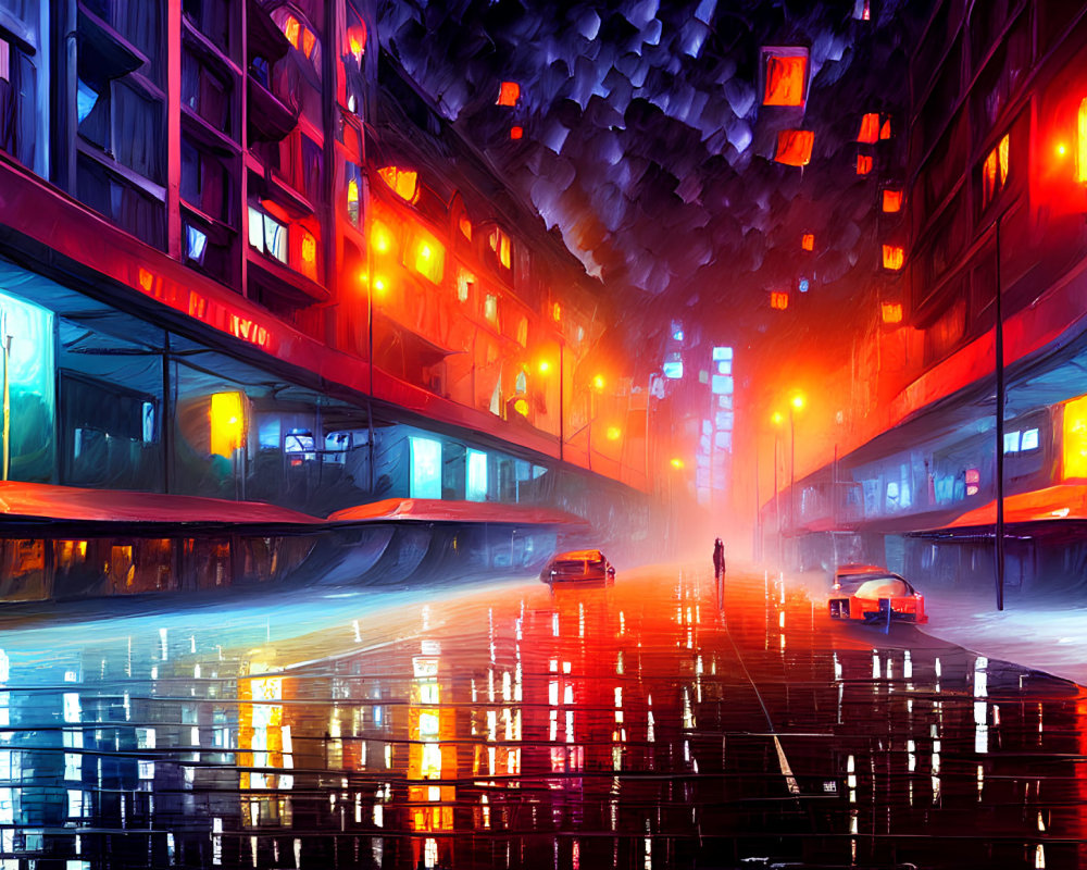 Futuristic cyberpunk cityscape with neon lights, wet streets, silhouetted figure,