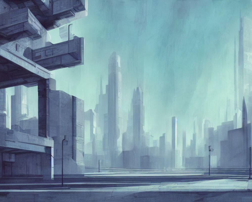 Futuristic cityscape with towering skyscrapers and cool morning haze