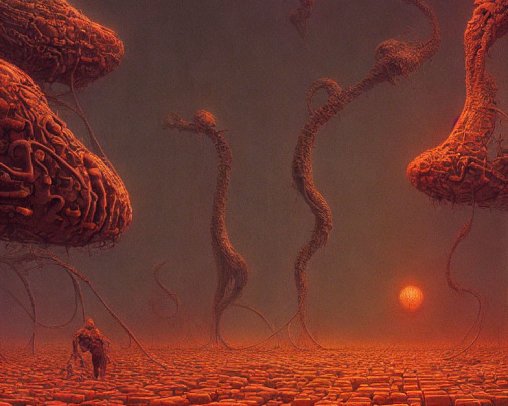 Surreal landscape with brain-shaped structures and red sun