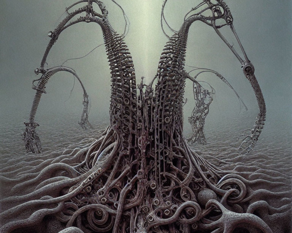 Biomechanical landscape with central spire and tentacle-like structures in surreal, alien ambiance