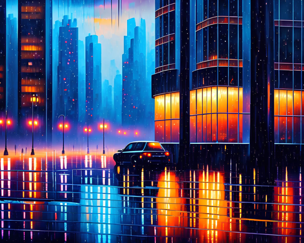 City night scene: car headlights reflect on wet street, neon buildings under colorful sky.