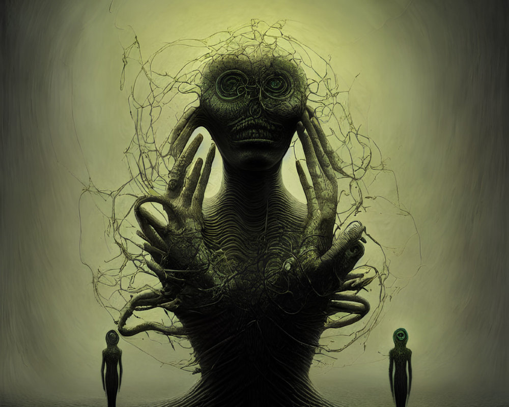 Surreal Artwork Featuring Eerie Figure and Silhouetted Figures