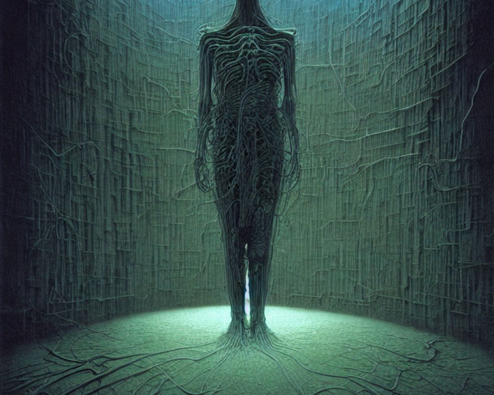 Intricate humanoid figure in dark room with glowing base