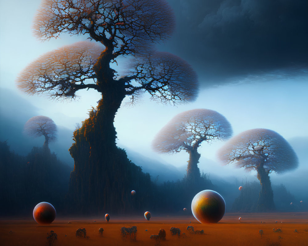 Surreal Landscape: Oversized Baobab Trees & Floating Spheres