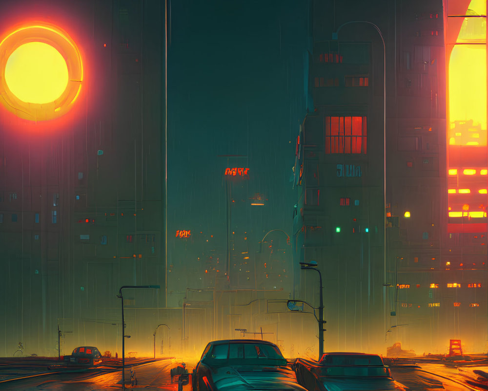 Futuristic neon-lit cityscape with glowing structures and parked cars