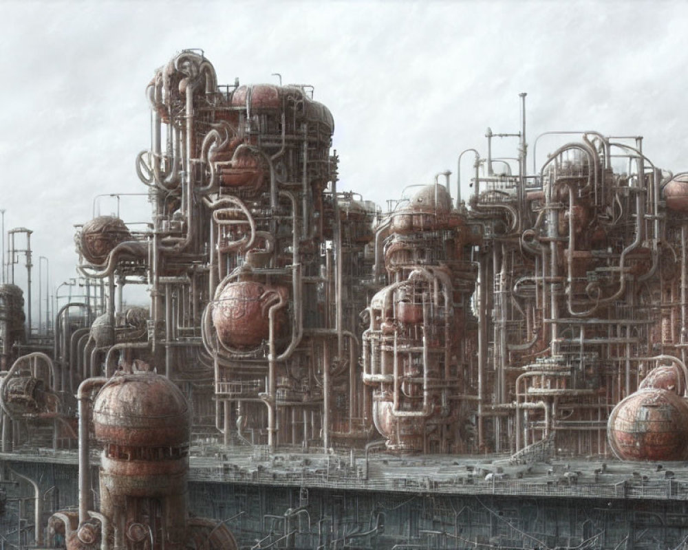 Industrial complex with pipes, tanks, machinery under cloudy sky