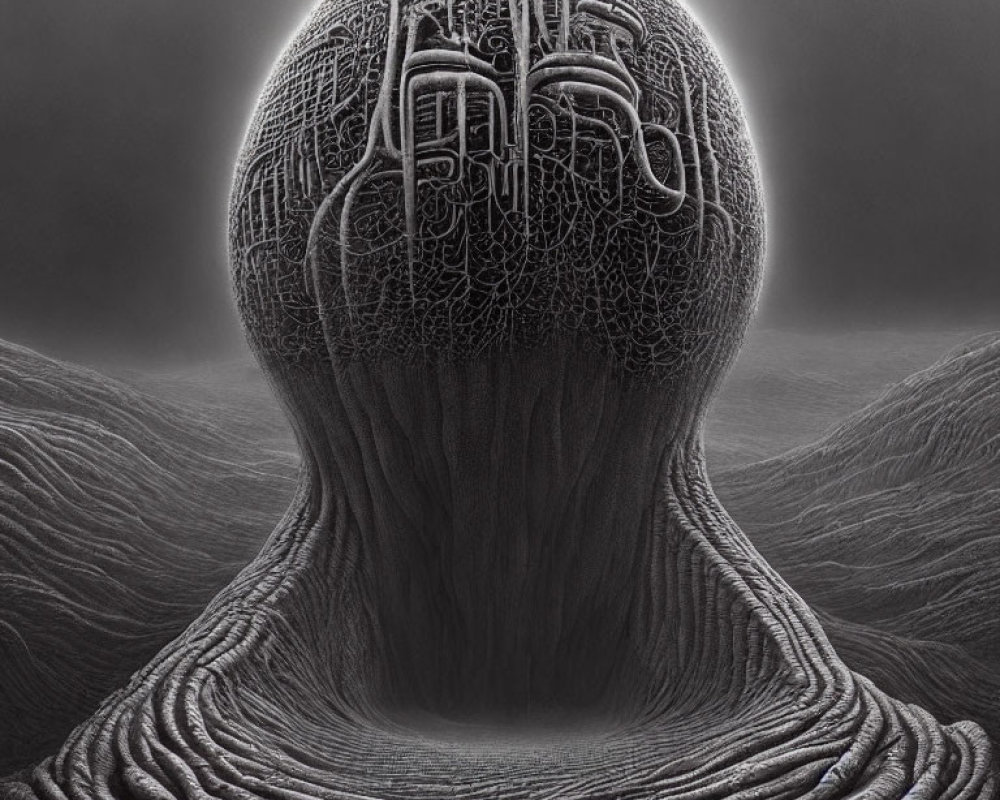 Monochrome surreal artwork featuring spherical object on textured surface