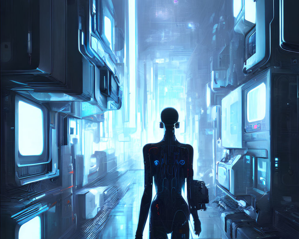 Futuristic humanoid robot in neon-lit cyberpunk cityscape