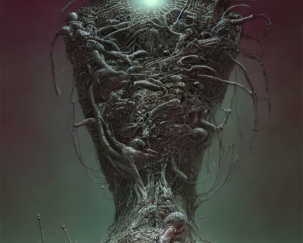 Surreal humanoid form with glowing orb and intricate textures in moody setting