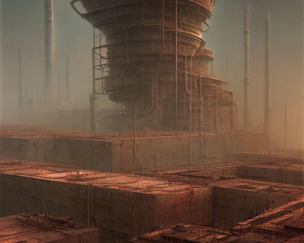 Dystopian multi-level structure amid industrial surroundings