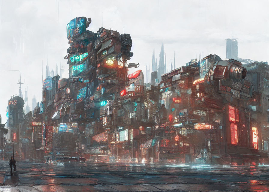 Rain-soaked cyberpunk cityscape with neon-lit buildings and solitary figure