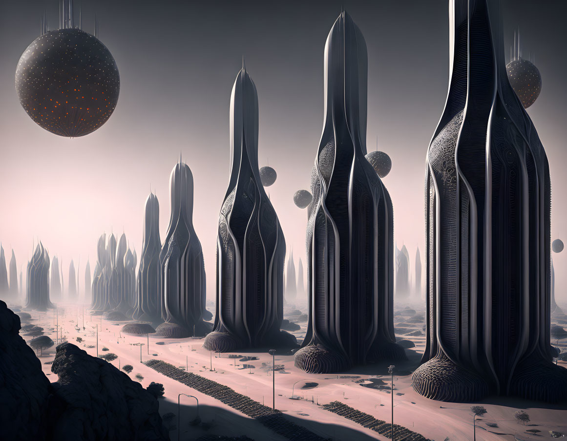 Futuristic landscape with alien-like structures and glowing orbs