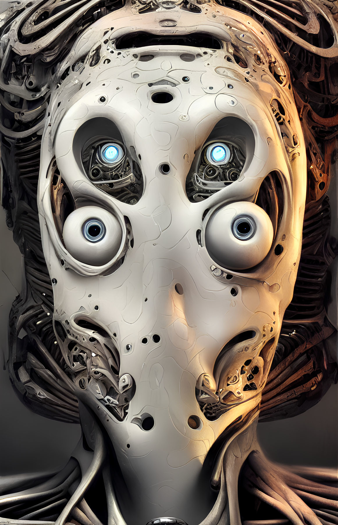 Detailed Robotic Head with Blue-Eyed Optics and Metallic Finish