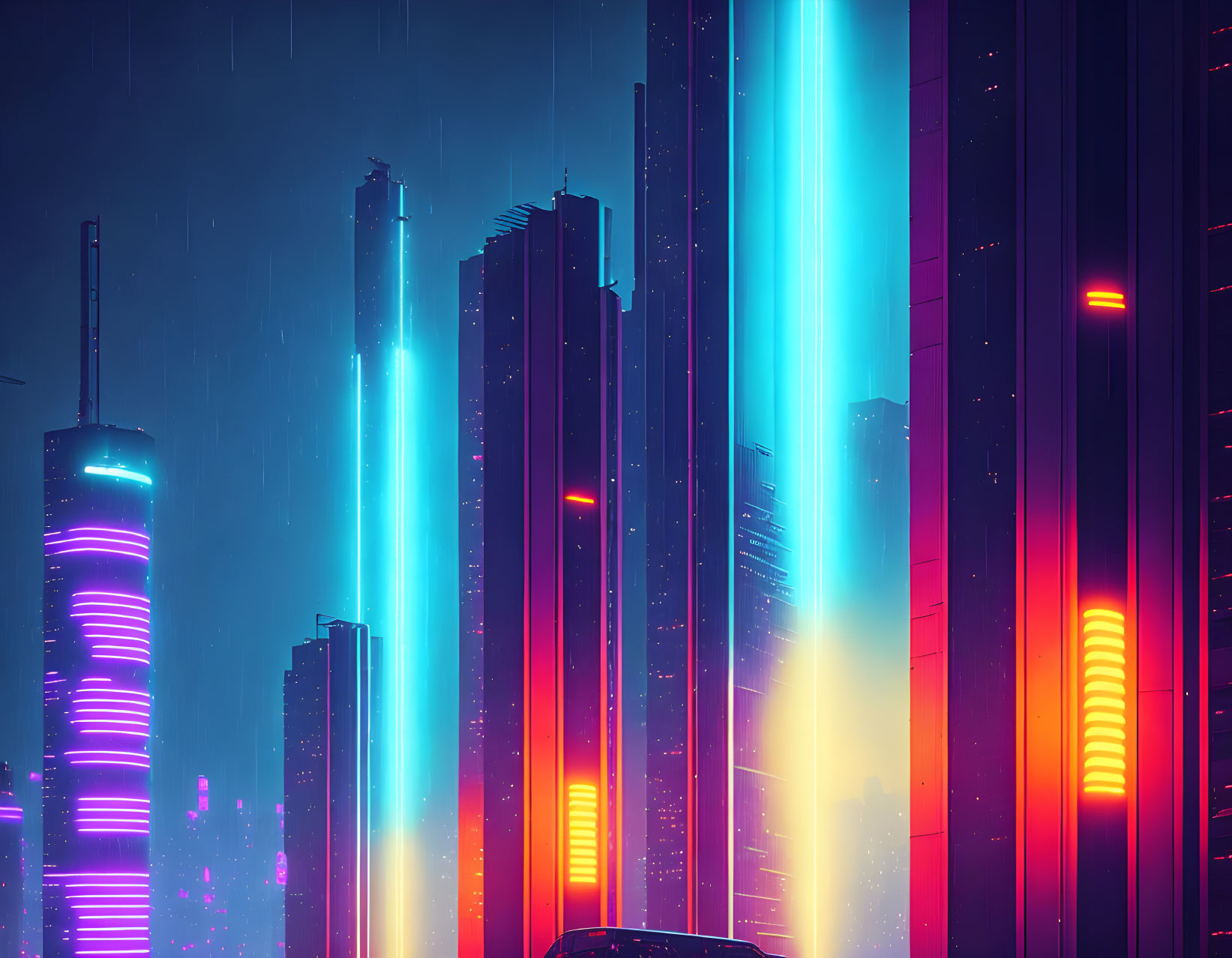 Vibrant neon-lit futuristic cityscape in the rain